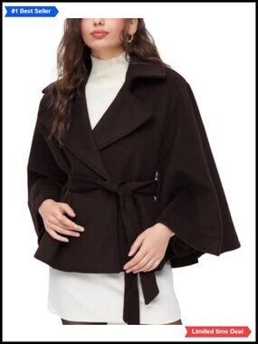 Women's Wool Blend Cape Coat Belted Poncho Pea Coat Oversized Winter Jacket
